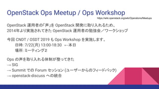 OpenStack Ops Meetup / Ops Workshop
OpenStack 運用者の「声」を OpenStack 開発に取り入れるため、
2014年より実施されてきた OpenStack 運用者の勉強会／ワークショップ
今回 CNDT / OSDT 2019 も Ops Workshop を実施します。
日時：7/22(月) 13:00-18:30　←本日
場所：ミーティング２
Ops の声を取り入れる体制が整ってきた
→ SIG
→ Summit での Forum セッション (ユーザーからのフィードバック)
→ openstack-discuss への統合
https://wiki.openstack.org/wiki/Operations/Meetups
 