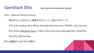 OpenStack SIGs
SIGs = Special Interest Groups
特定のトピックを中心に議論するグループ。現在14グループ。
API, Auto-scaling, Bare Metal, Extended Maintenance, FEMDC, First Contact,
K8s, Meta, Operation Docs, Public Cloud, Resource Management, Scientiﬁc,
Security, Self-healing
SIG の議論から出てきた成果も！
https://governance.openstack.org/sigs/
 