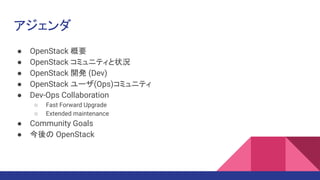 アジェンダ
● OpenStack 概要
● OpenStack コミュニティと状況
● OpenStack 開発 (Dev)
● OpenStack ユーザ(Ops)コミュニティ
● Dev-Ops Collaboration
○ Fast Forward Upgrade
○ Extended maintenance
● Community Goals
● 今後の OpenStack
 