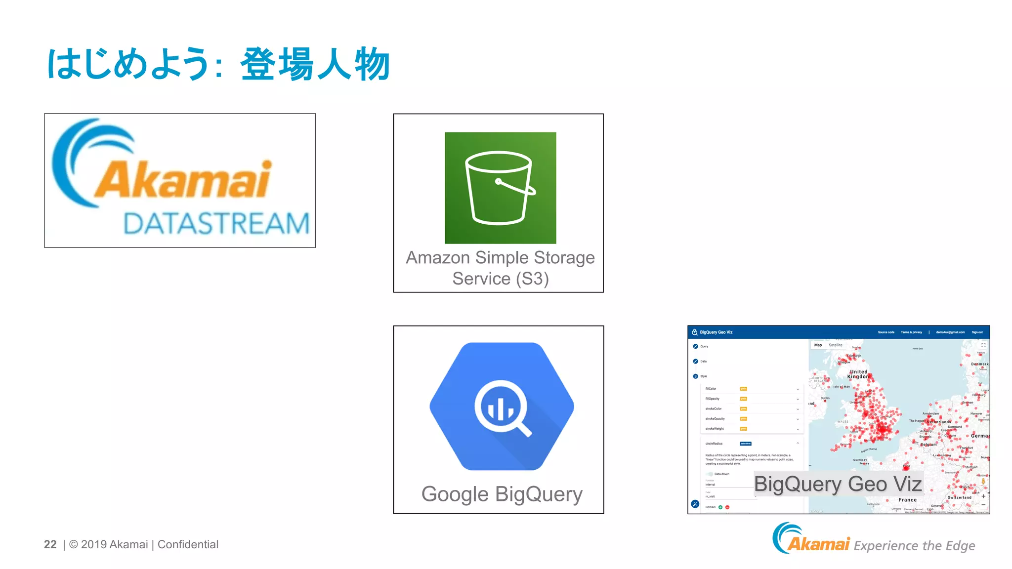 22 | © 2019 Akamai | Confidential
はじめよう： 登場人物
Amazon Simple Storage
Service (S3)
Google BigQuery BigQuery Geo Viz
 