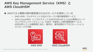© 2019, Amazon Web Services, Inc. or its Affiliates. All rights reserved. Amazon Confidential and Trademark
AWS Key Management Service（KMS）と
AWS CloudHSM
 AWSでは２種類の暗号鍵管理のためのサービスを提供している
• AWS KMS: マルチテナント方式のマネージド暗号鍵管理サービス
• AWS CloudHSM: シングルテナント方式のFIPS140-2 Level3準拠のハード
ウェアセキュリティモジュール（HSM）を使用した暗号鍵管理サービス。
KMSが持っている鍵管理に加え、暗号化、復号処理のアクセラレーション/
オフロードも可能
AWS KMS AWS CloudHSM
 