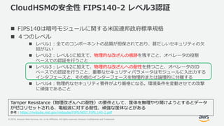 © 2019, Amazon Web Services, Inc. or its Affiliates. All rights reserved. Amazon Confidential and Trademark
CloudHSMの安全性 FIPS140-2 レベル3認証
 FIPS140は暗号モジュールに関する米国連邦政府標準規格
 ４つのレベル
 レベル1 : 全てのコンポーネントの品質が担保されており、甚だしいセキュリティの欠
如がない
 レベル2 : レベル1に加えて、物理的な改ざんの痕跡を残すこと、オペレータの役割
ベースでの認証を行うこと
 レベル3 : レベル2に加えて、物理的な改ざんへの耐性を持つこと、オペレータのID
ベースでの認証を行うこと、重要なセキュリティパラメータはモジュールに入出力する
インタフェースと、その他のインターフェースを物理的または論理的に分離する
 レベル4 : 物理的なセキュリティ要件がより厳格になる。環境条件を変動させての攻撃
に頑強であること
Tamper Resistance（物理改ざんへの耐性）の要件として、筐体を無理やり開けようとするとデータ
がゼロリセットされる、電磁波に対する耐性、頑強な筐体などがある
参考 : https://nvlpubs.nist.gov/nistpubs/FIPS/NIST.FIPS.140-2.pdf
 