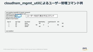 © 2019, Amazon Web Services, Inc. or its Affiliates. All rights reserved. Amazon Confidential and Trademark
cloudhsm_mgmt_utilによるユーザー管理コマンド例
aws-cloudhsm>loginHSM CU Satoshi <password>
loginHSM success on server 0(10.0.1.87)
aws-cloudhsm>listUsers
Users on server 0(10.0.1.87):
Number of users found:3
User Id User Type User Name MofnPubKey LoginFailureCnt 2FA
1 CO admin NO 0 NO
2 AU app_user NO 0 NO
3 CU satoshi NO 0 NO
aws-cloudhsm>
ユーザーを全て表示するコマンド
 