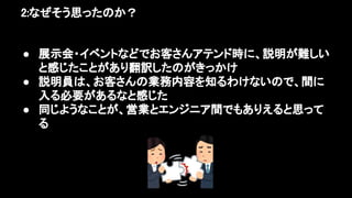 2:なぜそう思ったのか？ 
● 展示会・イベントなどでお客さんアテンド時に、説明が難しい
と感じたことがあり翻訳したのがきっかけ 
● 説明員は、お客さんの業務内容を知るわけないので、間に
入る必要があるなと感じた 
● 同じようなことが、営業とエンジニア間でもありえると思って
る 
 
 