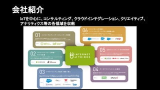 IoTを中心に、コンサルティング、クラウドインテグレーション、クリエイティブ、
アナリティクス等の各領域を収斂 
会社紹介 
 