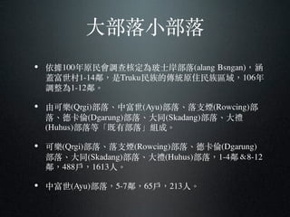 ⼤大部落⼩小部落
• 依據100年原民會調查核定為玻⼠士岸部落(alang Bsngan)，涵
蓋富世村1-14鄰，是Truku民族的傳統原住民族區域，106年
調整為1-12鄰。︒
• 由可樂(Qrgi)部落、︑中富世(Ayu)部落、︑落⽀支煙(Rowcing)部
落、︑德卡倫(Dgarung)部落、︑⼤大同(Skadang)部落、︑⼤大禮
(Huhus)部落等「既有部落」組成。︒
• 可樂(Qrgi)部落、︑落⽀支煙(Rowcing)部落、︑德卡倫(Dgarung)
部落、︑⼤大同(Skadang)部落、︑⼤大禮(Huhus)部落，1-4鄰＆8-12
鄰，488⼾戶，1613⼈人。︒
• 中富世(Ayu)部落，5-7鄰，65⼾戶，213⼈人。︒
 