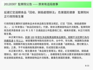 B-33
20120307 監察院公告 ----- 原來有這段故事
延遲訂定過期食品「回收、銷毀處理辦法」 危害國民健康　監察院糾
正行政院衛生署
行政院衛生署對於過期食品未依食品衛生管理法規定，訂定「回收、銷毀處理辦
法」， 12 年來僅以「食品回收指引」代替，致依法應銷毀物品外流販售，監察院財
政及經濟委員會 101 年 3 月 7 日通過並公布監委程仁宏、楊美鈴提案，糾正行政院
衛生署。
　　糾正案文指出，民國 100 年發生多起販賣過期食品案例，相關不法犯罪行為均
持續長達 6 年以上，被查獲銷售地點包括新北市、台中市、彰化縣、桃園縣及高雄
市等地，相關縣市衛生局無法適時稽查發現，未依法善盡「逾期食品、應切實沒入
銷毀」之責，予不肖廠商販售謀利機會，形成管控重大疏漏。
　　糾正案文表示，衛生署未依「食品衛生管理法」規定，訂定相關回收、銷毀處
理辦法，僅於 89 年訂頒「食品回收指引」，各轄管衛生局無法要求違規廠商切實回
收並銷毀逾期食品，致應銷毀物品外流販售，嚴重危害國民健康，明顯怠失。
 