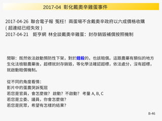 B-46
2017-04 彰化戴奧辛雞蛋事件
2017-04-26 聯合電子報 冤枉！兩蛋場不含戴奧辛政府以六成價格收購
( 超連結已經失效 )
2017-04-21 鉅亨網 林全談戴奧辛雞蛋：封存銷毀補償按照機制
閒聊：既然依法啟動預防性下架，對於錯殺的，也該賠償。這跟農藥有類似的地方
生化法檢驗農藥後，超標就封存銷毀，等化學法確認超標，依法處分，沒有超標，
就啟動賠償機制。
從不同的角度看情：
影片中的蛋農哭訴冤屈
若您是官員，會怎麼做？ 啟動？不啟動？ 考量 A, B, C
若您是立委、議員，你會怎麼做？
若您是民眾，希望有怎樣的結果？
 