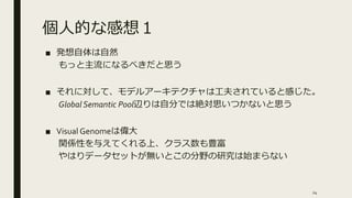 個人的な感想１
■ 発想自体は自然
もっと主流になるべきだと思う
■ それに対して、モデルアーキテクチャは工夫されていると感じた。
Global Semantic Pool辺りは自分では絶対思いつかないと思う
■ Visual Genomeは偉大
関係性を与えてくれる上、クラス数も豊富
やはりデータセットが無いとこの分野の研究は始まらない
24
 