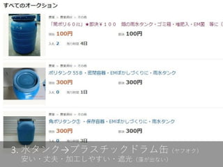 3. 水タンク→プラスチックドラム缶（ヤフオク）
安い・丈夫・加工しやすい・遮光（藻が出ない）
 