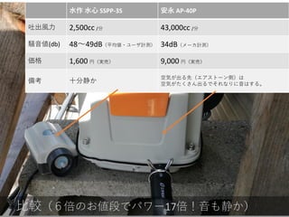 水作 水心 SSPP-3S 安永 AP-40P
吐出風力 2,500cc /分 43,000cc /分
騒音値(db) 48～49dB（平均値・ユーザ計測） 34dB（メーカ計測）
価格 1,600 円（実売） 9,000 円（実売）
備考 十分静か
空気が出る先（エアストーン側）は
空気がたくさん出るでそれなりに音はする。
比較（６倍のお値段でパワー17倍！音も静か）
 