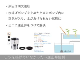 • 原因は間欠運転
• 水揚げポンプを止めたときにポンプ内に
空気が入り、水があげられない状態に
• 出口に逆止弁をつけて解決
3. 水を揚げていなかった→逆止弁便利
 