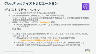 © 2019, Amazon Web Services, Inc. or its Affiliates. All rights reserved.
CloudFront ディストリビューション
ディストリビューション
• ドメイン毎に割り当てら...