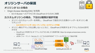 © 2019, Amazon Web Services, Inc. or its Affiliates. All rights reserved.
オリジンサーバの保護
オリジンが S3 の場合
• Origin Access Identity...