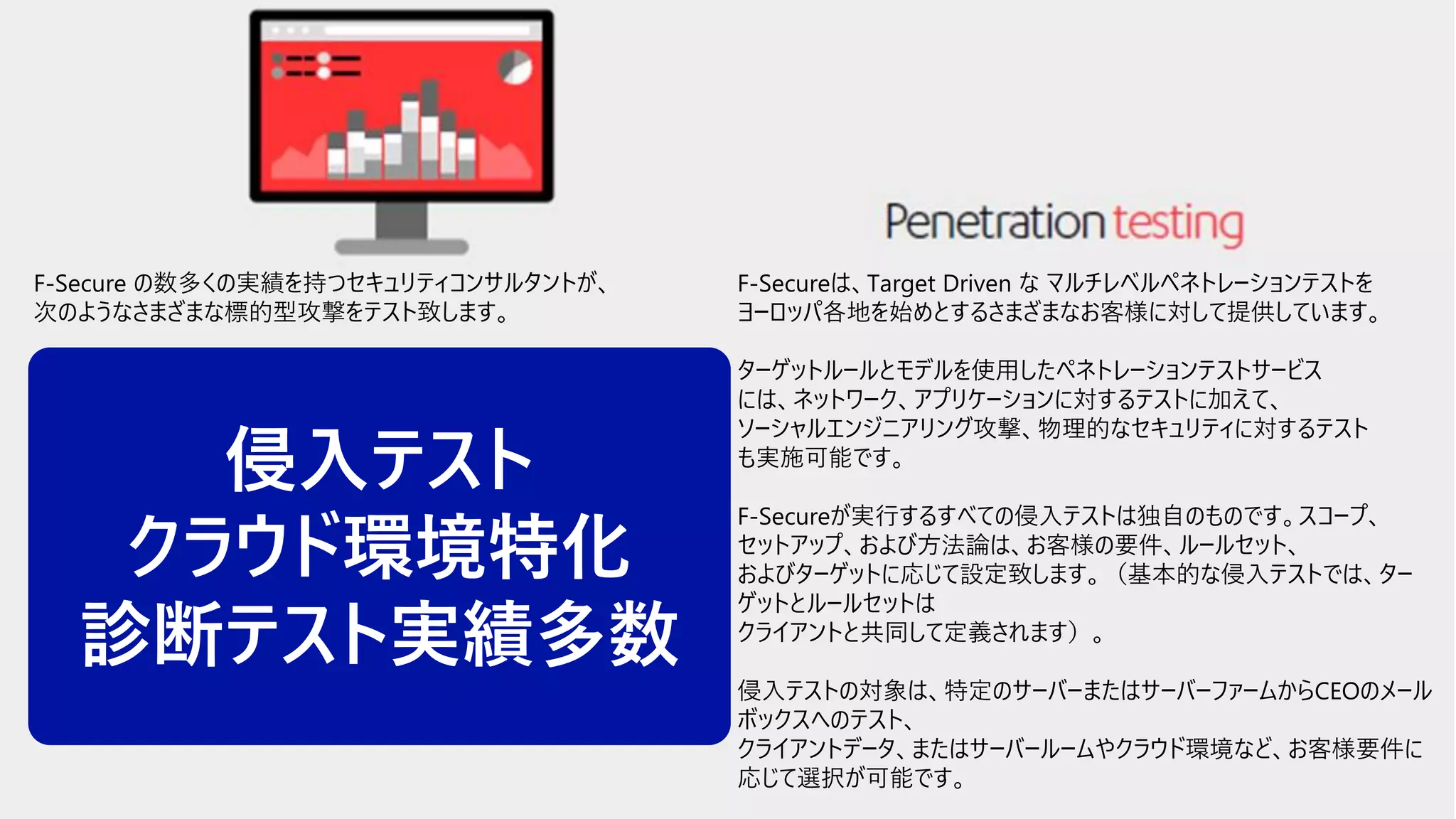 © F-Secure Partner Confidential10
F-Secure の数多くの実績を持つセキュリティコンサルタントが、
次のようなさまざまな標的型攻撃をテスト致します。
・ Reconnaissance and intelligence gathering e.g. Google intel,
dumpster-diving etc.
・ Social engineering e.g. e-mails, phone calls, human interaction,
tailgating etc.
・Physical security e.g. lock-picking, breaking and entering etc.
・Targeted attacks e.g. phishing, spearhead, waterhole etc.
・Network attacks and penetration testing e.g. Wi-Fi, wired, bug
planting etc.
・Firewall/IDS/IPS/WAF evasion
・Targeted exploitation and offense
すべてのステップとアクションは、監査の証跡、攻撃を再現する可能性、
および潜在的可能性、概念実証モデルの構築とテストを行います。
F-Secureは、Target Driven な マルチレベルペネトレーションテストを
ヨーロッパ各地を始めとするさまざまなお客様に対して提供しています。
ターゲットルールとモデルを使用したペネトレーションテストサービス
には、ネットワーク、アプリケーションに対するテストに加えて、
ソーシャルエンジニアリング攻撃、物理的なセキュリティに対するテスト
も実施可能です。
F-Secureが実行するすべての侵入テストは独自のものです。スコープ、
セットアップ、および方法論は、お客様の要件、ルールセット、
およびターゲットに応じて設定致します。（基本的な侵入テストでは、ター
ゲットとルールセットは
クライアントと共同して定義されます）。
侵入テストの対象は、特定のサーバーまたはサーバーファームからCEOのメール
ボックスへのテスト、
クライアントデータ、またはサーバールームやクラウド環境など、お客様要件に
応じて選択が可能です。
侵入テスト
クラウド環境特化
診断テスト実績多数
 
