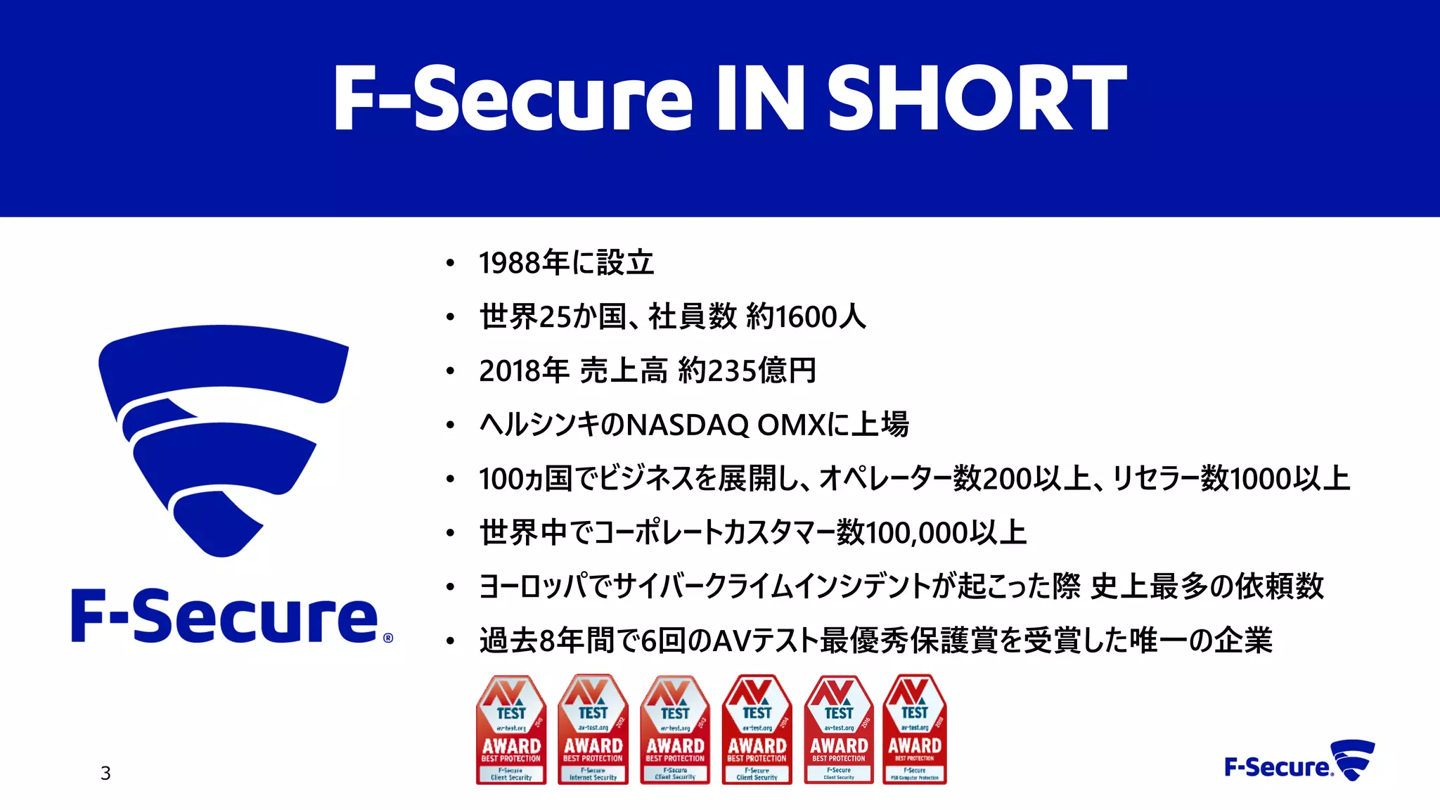 • 1988年に設立
• 世界25か国、社員数 約1600人
• 2018年 売上高 約235億円
• ヘルシンキのNASDAQ OMXに上場
• 100ヵ国でビジネスを展開し、オペレーター数200以上、リセラー数1000以上
• 世界中でコーポレートカスタマー数100,000以上
• ヨーロッパでサイバークライムインシデントが起こった際 史上最多の依頼数
• 過去8年間で6回のAVテスト最優秀保護賞を受賞した唯一の企業
3
F-Secure INSHORT
 