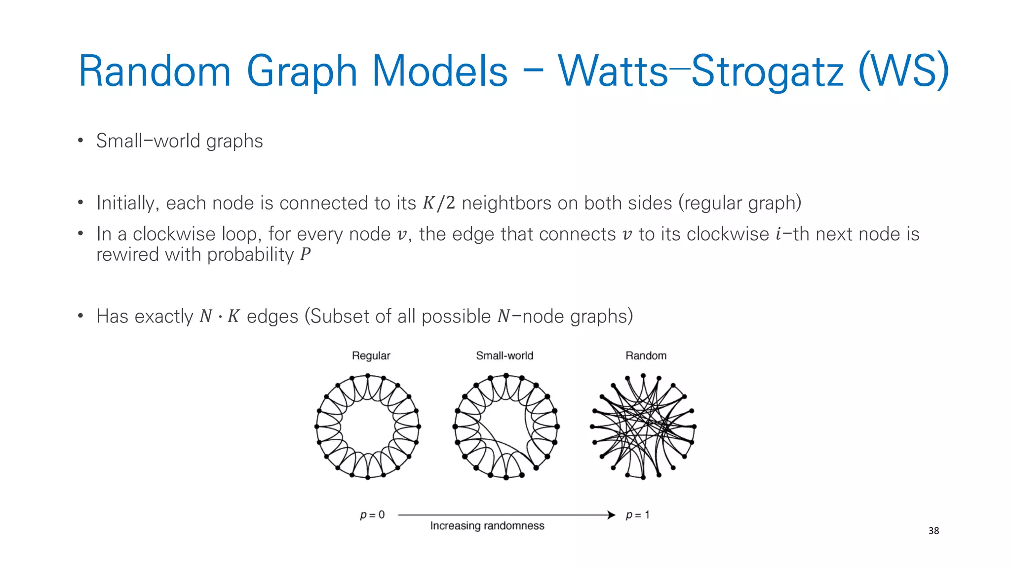 38
Random Graph Models - Watts–Strogatz (WS)
• Small-world graphs
• Initially, each node is connected to its 𝐾/2 neightbors on both sides (regular graph)
• In a clockwise loop, for every node 𝑣, the edge that connects 𝑣 to its clockwise 𝑖-th next node is
rewired with probability 𝑃
• Has exactly 𝑁 ∙ 𝐾 edges (Subset of all possible 𝑁-node graphs)
 