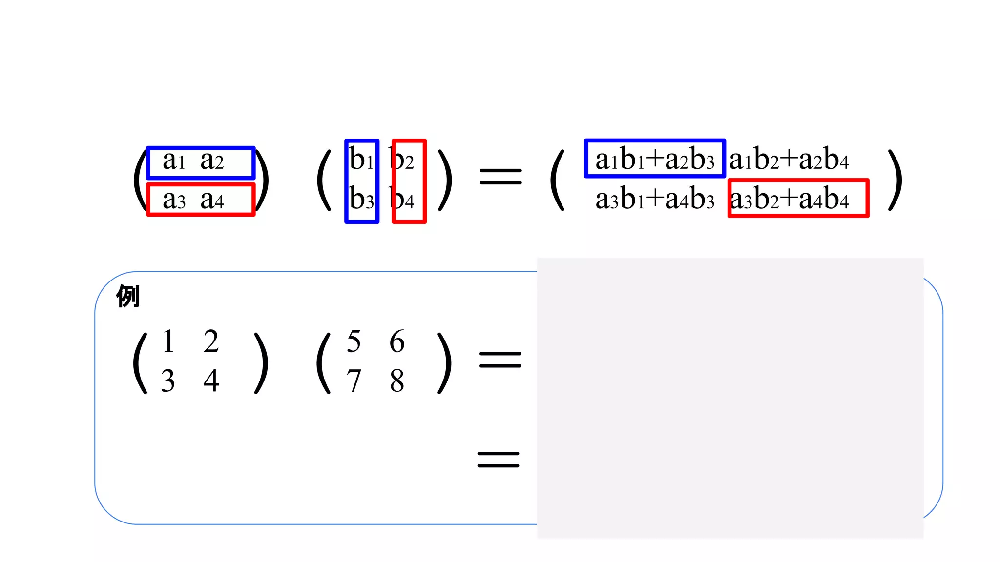 例
(　)(　)=(　　　 )a1　a2
a3　a4
b1　b2
b3　b4
a1b1+a2b3　a1b2+a2b4
a3b1+a4b3　a3b2+a4b4
(　)(　)=(　　　 )1　　2
3　　4
5　　6
7　　8
1×5+2×7　1×6+2×8
3×5+4×7　3×6+4×8
=(　 )19　　22
43　　50
 