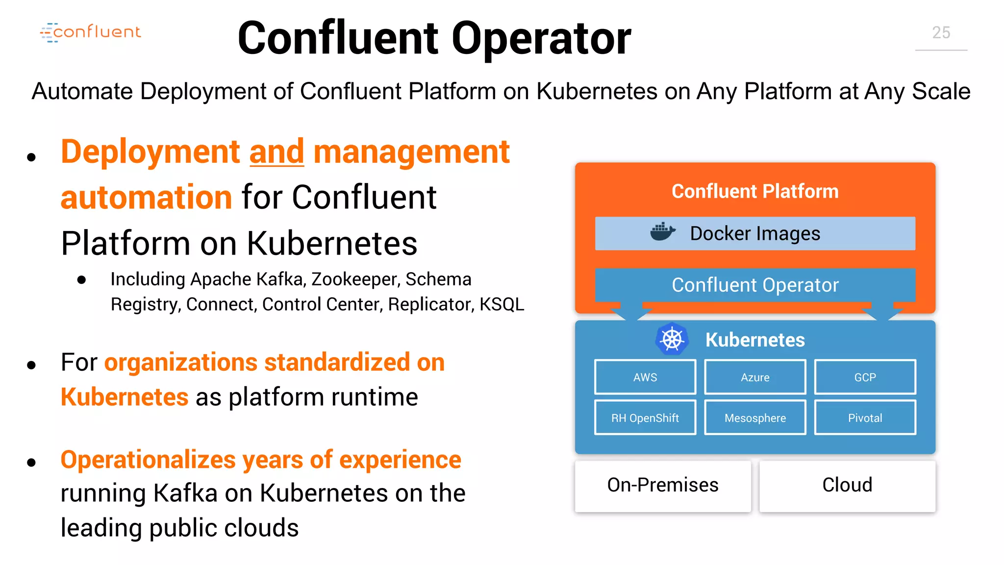 25 Confluent Operator ● Deployment and management automation for Confluent Platform on Kubernetes ● Including Apache Kafka, Zookeeper, Schema Registry, Connect, Control Center, Replicator, KSQL ● For organizations standardized on Kubernetes as platform runtime ● Operationalizes years of experience running Kafka on Kubernetes on the leading public clouds Confluent Platform Confluent Operator Kubernetes AWS Azure GCP RH OpenShift Mesosphere Pivotal On-Premises Cloud Docker Images Automate Deployment of Confluent Platform on Kubernetes on Any Platform at Any Scale 