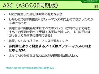 A2C（A3Cの非同期版）
• A3Cが誕生した当初は非常に有力な手法
• しかしこの非同期性がパフォーマンスの向上につながったのか
不明であった．
• 実際に非同期更新せずにすべてのスレッドが終わるまで待ち，
すべての平均を取って更新する手法を試した．（この手法は
GPUをより効率的に使用できる）
• 結果，A3Cよりパフォーマンスが優れていた．
• 非同期によって発生するノイズはパフォーマンスの向上
にならない．
• よってA3Cを使うならA2Cの方が費用対効果がよい．
25
https://openai.com/blog/baselines-acktr-a2c/
 