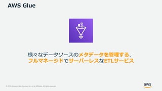 © 2019, Amazon Web Services, Inc. or its Affiliates. All rights reserved.
AWS Glue
様々なデータソースのメタデータを管理する、
フルマネージドでサーバーレスなETLサービス
 