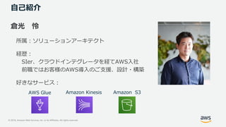 © 2019, Amazon Web Services, Inc. or its Affiliates. All rights reserved.
自己紹介
倉光 怜
所属：ソリューションアーキテクト
経歴：
SIer、クラウドインテグレータを経てAWS入社
前職ではお客様のAWS導入のご支援、設計・構築
好きなサービス：
AWS Glue Amazon S3Amazon Kinesis
 