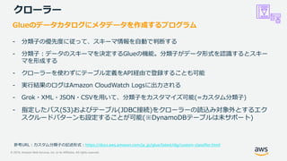 © 2019, Amazon Web Services, Inc. or its Affiliates. All rights reserved.
クローラー
Glueのデータカタログにメタデータを作成するプログラム
- 分類子の優先度に従って、スキーマ情報を自動で判断する
- 分類子：データのスキーマを決定するGlueの機能。分類子がデータ形式を認識するとスキー
マを形成する
- クローラーを使わずにテーブル定義をAPI経由で登録することも可能
- 実行結果のログはAmazon CloudWatch Logsに出力される
- Grok・XML・JSON・CSVを用いて、分類子をカスタマイズ可能(=カスタム分類子)
- 指定したパス(S3)およびテーブル(JDBC接続)をクローラーの読込み対象外とするエク
スクルードパターンも設定することが可能(※DynamoDBテーブルは未サポート)
参考URL：カスタム分類子の記述形式：https://docs.aws.amazon.com/ja_jp/glue/latest/dg/custom-classifier.html
 