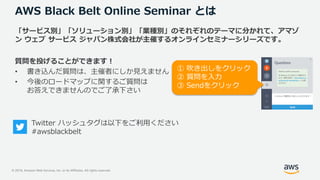 © 2019, Amazon Web Services, Inc. or its Affiliates. All rights reserved.
AWS Black Belt Online Seminar とは
「サービス別」「ソリューション別」「業種別」のそれぞれのテーマに分かれて、アマゾ
ン ウェブ サービス ジャパン株式会社が主催するオンラインセミナーシリーズです。
質問を投げることができます！
• 書き込んだ質問は、主催者にしか見えません
• 今後のロードマップに関するご質問は
お答えできませんのでご了承下さい
Twitter ハッシュタグは以下をご利用ください
#awsblackbelt
① 吹き出しをクリック
② 質問を入力
③ Sendをクリック
 