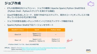 © 2019, Amazon Web Services, Inc. or its Affiliates. All rights reserved.
ジョブ作成
- ETLの処理単位をジョブといい、ジョブの種類にApache SparkとPython Shellがある
(Python Shell：Pythonスクリプトを実行する機能)
- Glueが自動生成したコード、自身で作成するスクリプト、既存のコード(オンプレミスで動
作していたものも可)が実行可能
- ジョブの状態を追跡(=チェックポイント)できるブックマーク機能がある
- SparkとPython Shellは下記バージョンをサポート
Glueのバージョン Spark Python Shell
Glue 0.9
Spark 2.2.1
(Python 2)
ー
Glue 1.0
Spark 2.4.3
(Python 2、Python 3)
Python 2.7
Python 3.6
参考URL：Glueバージョン(https://docs.aws.amazon.com/ja_jp/glue/latest/dg/release-notes.html)
Spark Overview(https://spark.apache.org/docs/latest/)
※Python Shellについては、Glue1.0のみ指定可能
 