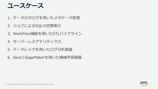© 2019, Amazon Web Services, Inc. or its Affiliates. All rights reserved.
ユースケース
1. データカタログを用いたメタデータ管理
2. ジョブによるSQLの定期実行
3. WorkFlow機能を用いたETLパイプライン
4. サーバーレスアナリティクス
5. データレイクを用いたログ分析基盤
6. GlueとSageMakerを用いた機械学習基盤
 