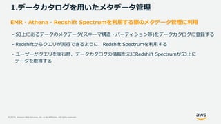 © 2019, Amazon Web Services, Inc. or its Affiliates. All rights reserved.
1.データカタログを用いたメタデータ管理
EMR・Athena・Redshift Spectrumを利用する際のメタデータ管理に利用
- S3上にあるデータのメタデータ(スキーマ構造・パーティション等)をデータカタログに登録する
- Redshiftからクエリが実行できるように、Redshift Spectrumを利用する
- ユーザーがクエリを実行時、データカタログの情報を元にRedshift SpectrumがS3上に
データを取得する
 