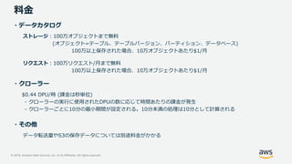 © 2019, Amazon Web Services, Inc. or its Affiliates. All rights reserved.
料金
・データカタログ
ストレージ：100万オブジェクトまで無料
(オブジェクト=テーブル、テーブルバージョン、パーティション、データベース)
100万以上保存された場合、10万オブジェクトあたり$1/月
リクエスト：100万リクエスト/月まで無料
100万以上保存された場合、10万オブジェクトあたり$1/月
・クローラー
$0.44 DPU/時 (課金は秒単位)
- クローラーの実行に使用されたDPUの数に応じて時間あたりの課金が発生
- クローラーごとに10分の最小期間が設定される。10分未満の処理は10分として計算される
・その他
データ転送量やS3の保存データについては別途料金がかかる
 