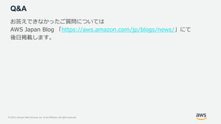 © 2019, Amazon Web Services, Inc. or its Affiliates. All rights reserved.
Q&A
お答えできなかったご質問については
AWS Japan Blog 「https://aws.amazon.com/jp/blogs/news/」にて
後日掲載します。
 