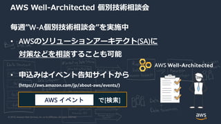 © 2019, Amazon Web Services, Inc. or its Affiliates. All rights reserved.
で[検索]AWS イベント
毎週”W-A個別技術相談会”を実施中
• AWSのソリューションアーキテクト(SA)に
対策などを相談することも可能
• 申込みはイベント告知サイトから
(https://aws.amazon.com/jp/about-aws/events/)
AWS Well-Architected 個別技術相談会
 