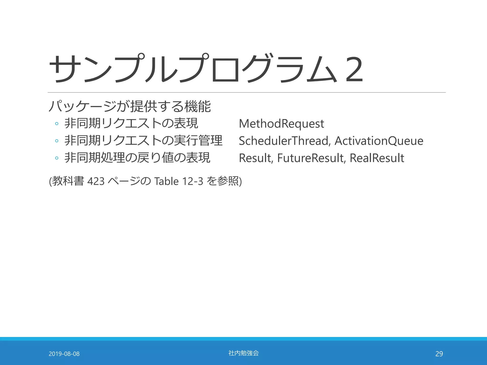 サンプルプログラム２
パッケージが提供する機能
◦ 非同期リクエストの表現 MethodRequest
◦ 非同期リクエストの実行管理 SchedulerThread, ActivationQueue
◦ 非同期処理の戻り値の表現 Result, FutureResult, RealResult
(教科書 423 ページの Table 12-3 を参照)
2019-08-08 社内勉強会 29
 
