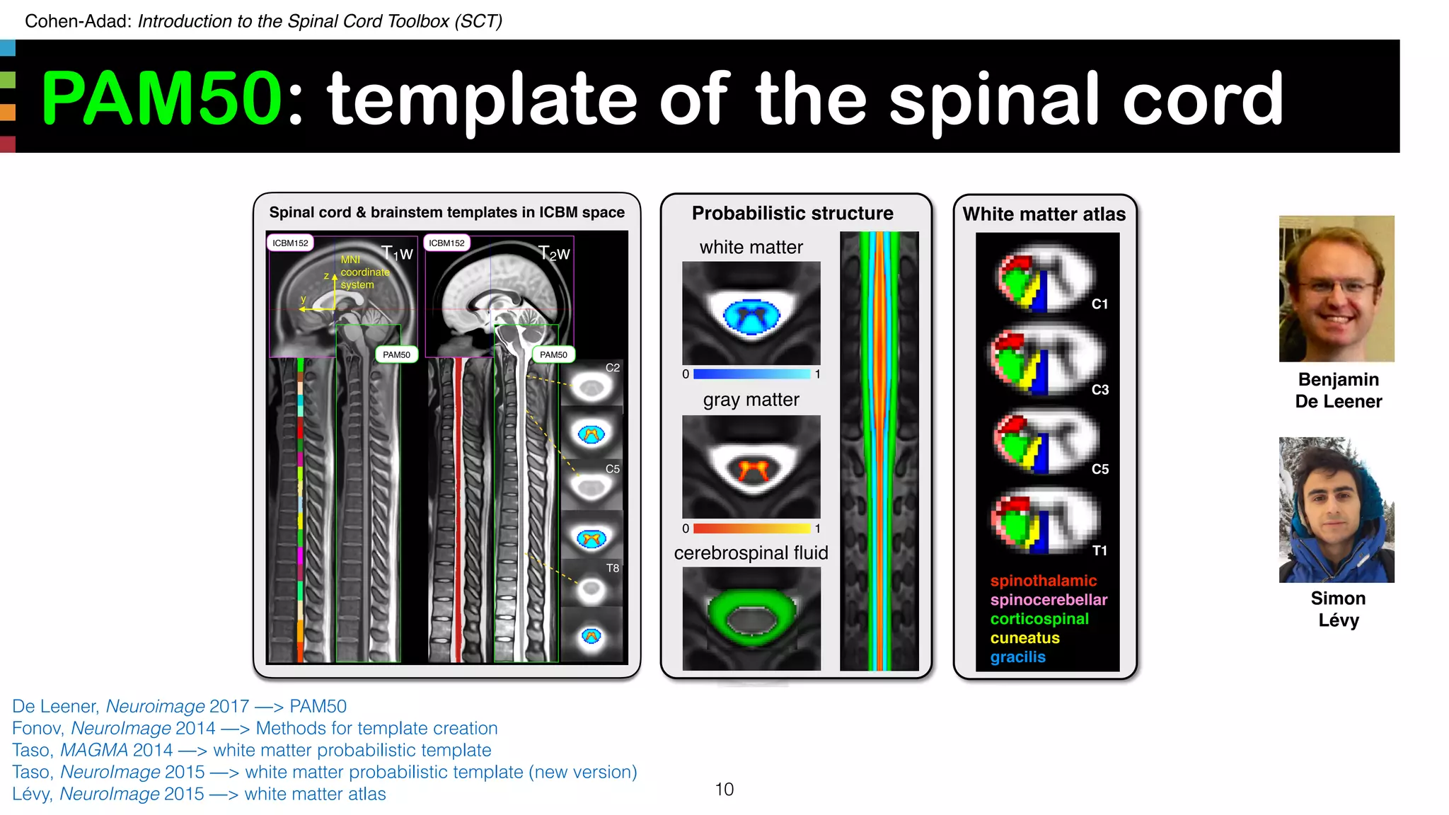 Cohen-Adad: Introduction to the Spinal Cord Toolbox (SCT)
PAM50: template of the spinal cord
10
De Leener, Neuroimage 2017 —> PAM50
Fonov, NeuroImage 2014 —> Methods for template creation
Taso, MAGMA 2014 —> white matter probabilistic template
Taso, NeuroImage 2015 —> white matter probabilistic template (new version)
Lévy, NeuroImage 2015 —> white matter atlas
T2-weighted template
spinothalamic
spinocerebellar
corticospinal
cuneatus
gracilis
C1
C5
T1
C3
gray matter
white matter
cerebrospinal ﬂuid
0 1
0 1
Probabilistic structure White matter atlasT2-weighted template
spinothalamic
spinocerebellar
corticospinal
cuneatus
gracilis
C1
C5
T1
C3
gray matter
white matter
cerebrospinal ﬂuid
0 1
0 1
Probabilistic structure White matter atlasSpinal cord & brainstem templates in ICBM space
Benjamin
De Leener
Simon
Lévy
 