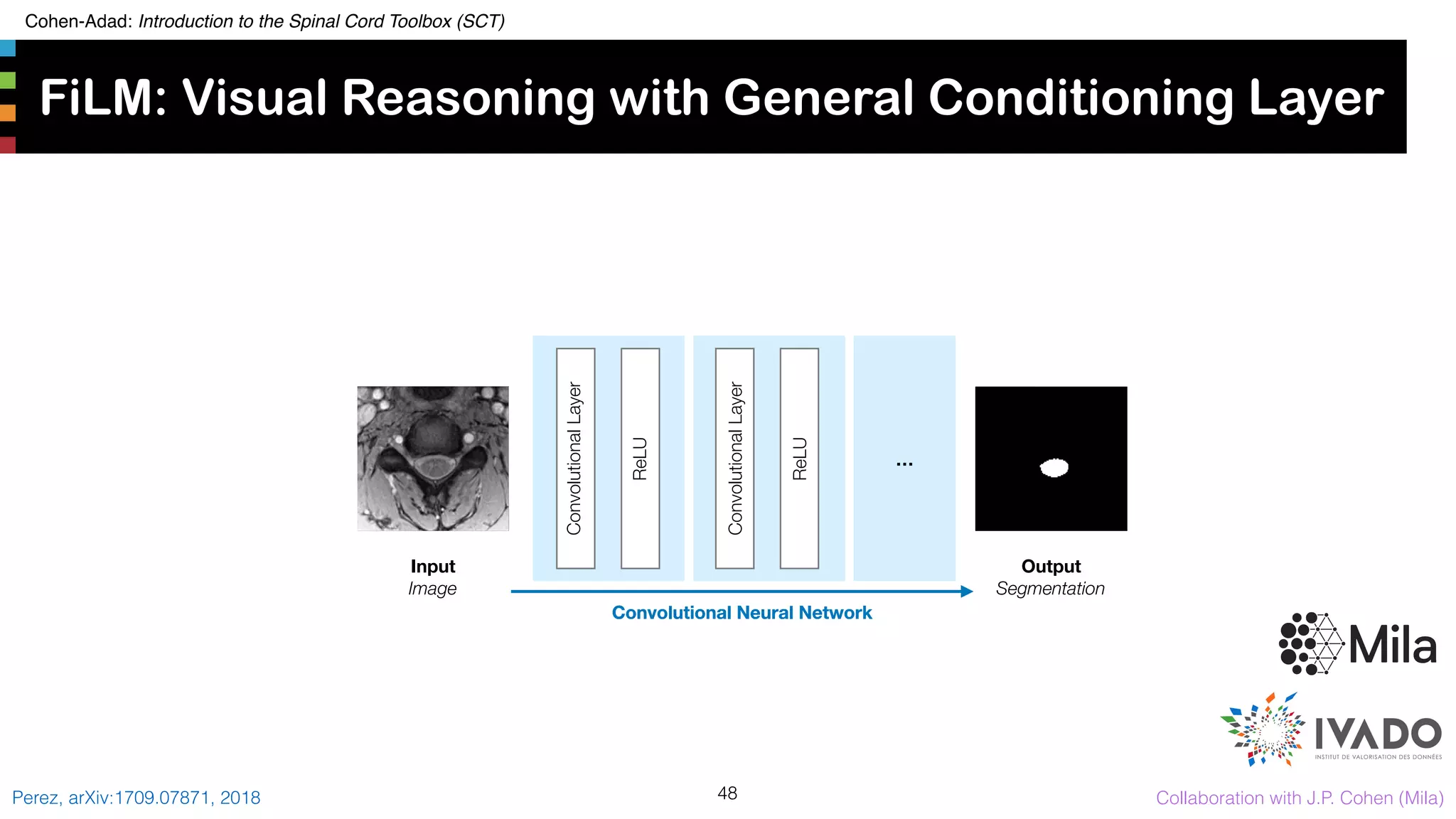Cohen-Adad: Introduction to the Spinal Cord Toolbox (SCT)
FiLM: Visual Reasoning with General Conditioning Layer
48Perez, arXiv:1709.07871, 2018
Input
Image
Output
Segmentation
ConvolutionalLayer
ConvolutionalLayer
…
ReLU
ReLU
Convolutional Neural NetworkConvolutional Neural NetworkConvolutional Neural Network
Collaboration with J.P. Cohen (Mila)
 