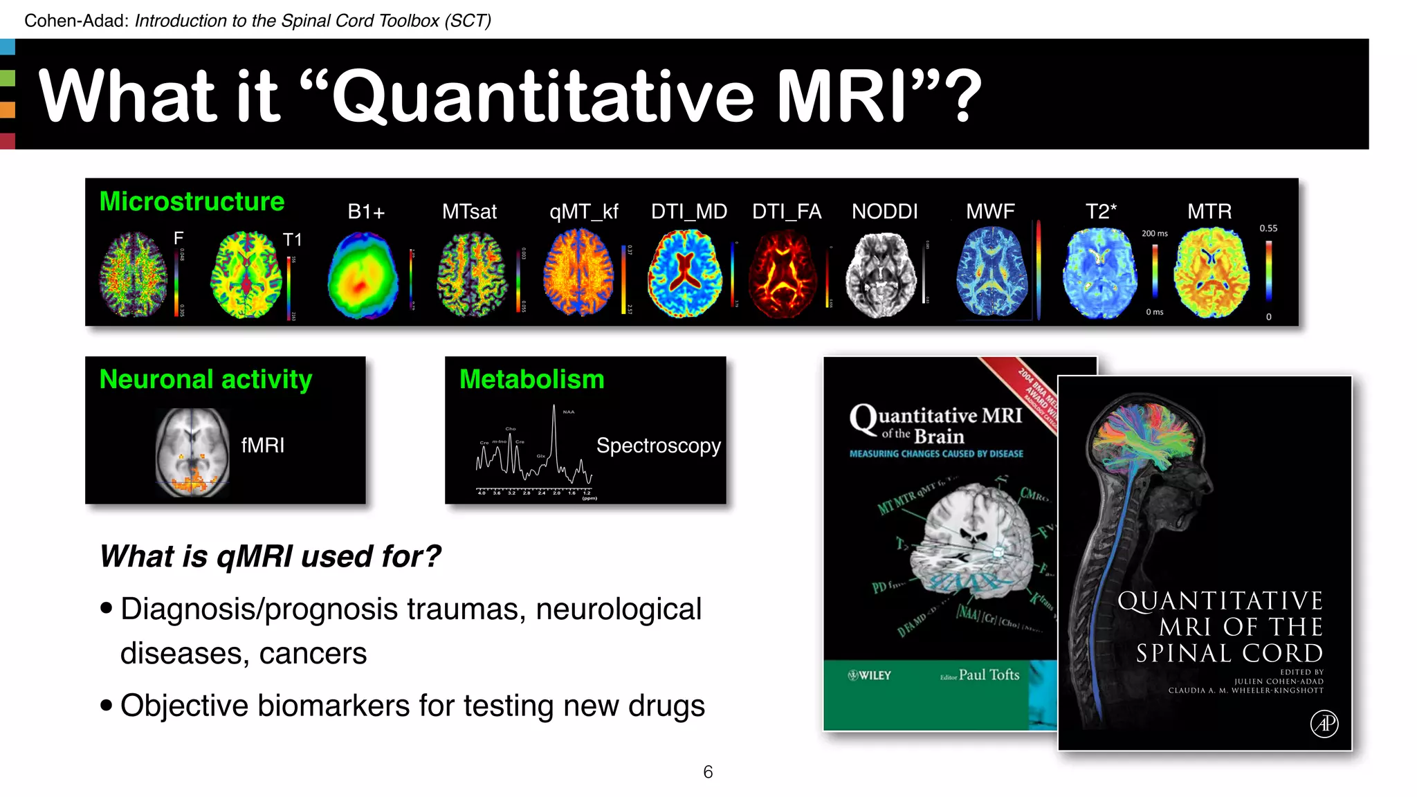 Cohen-Adad: Introduction to the Spinal Cord Toolbox (SCT)
What it “Quantitative MRI”?
6
Quantitative
MRI of the
Spinal Cord
Edited by
Julien Cohen-Adad
Claudia A. M. Wheeler-Kingshott
Neuronal activity
fMRI
Metabolism
Spectroscopy
F T1
Microstructure NODDIDTI_FADTI_MDqMT_kfMTsatB1+ MWF T2* MTR
What is qMRI used for?
•Diagnosis/prognosis traumas, neurological
diseases, cancers
•Objective biomarkers for testing new drugs
 