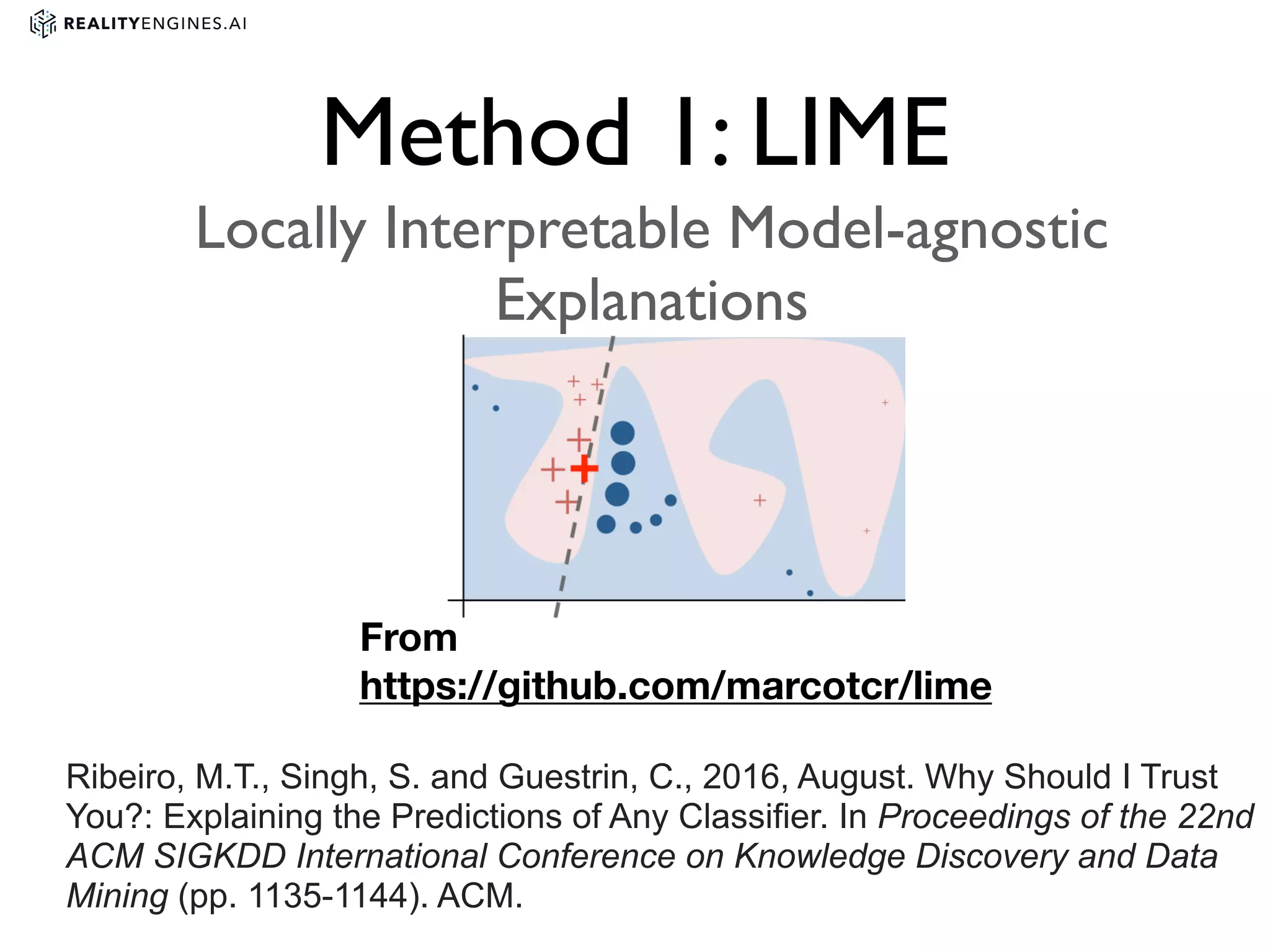 Method 1: LIME
From
https://github.com/marcotcr/lime
Locally Interpretable Model-agnostic
Explanations
Ribeiro, M.T., Singh, S. and Guestrin, C., 2016, August. Why Should I Trust
You?: Explaining the Predictions of Any Classifier. In Proceedings of the 22nd
ACM SIGKDD International Conference on Knowledge Discovery and Data
Mining (pp. 1135-1144). ACM.
 