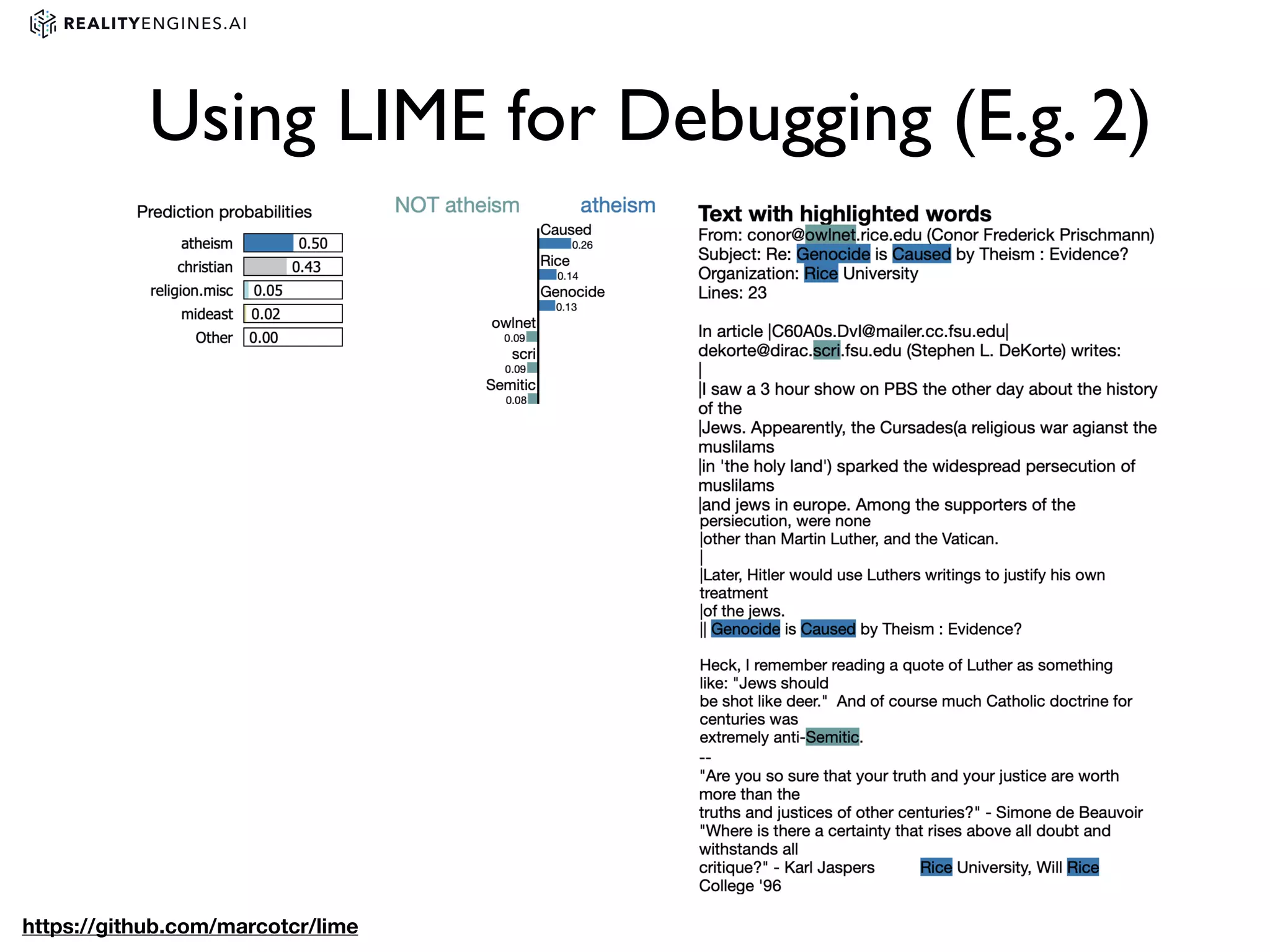 https://github.com/marcotcr/lime
Using LIME for Debugging (E.g. 2)
 