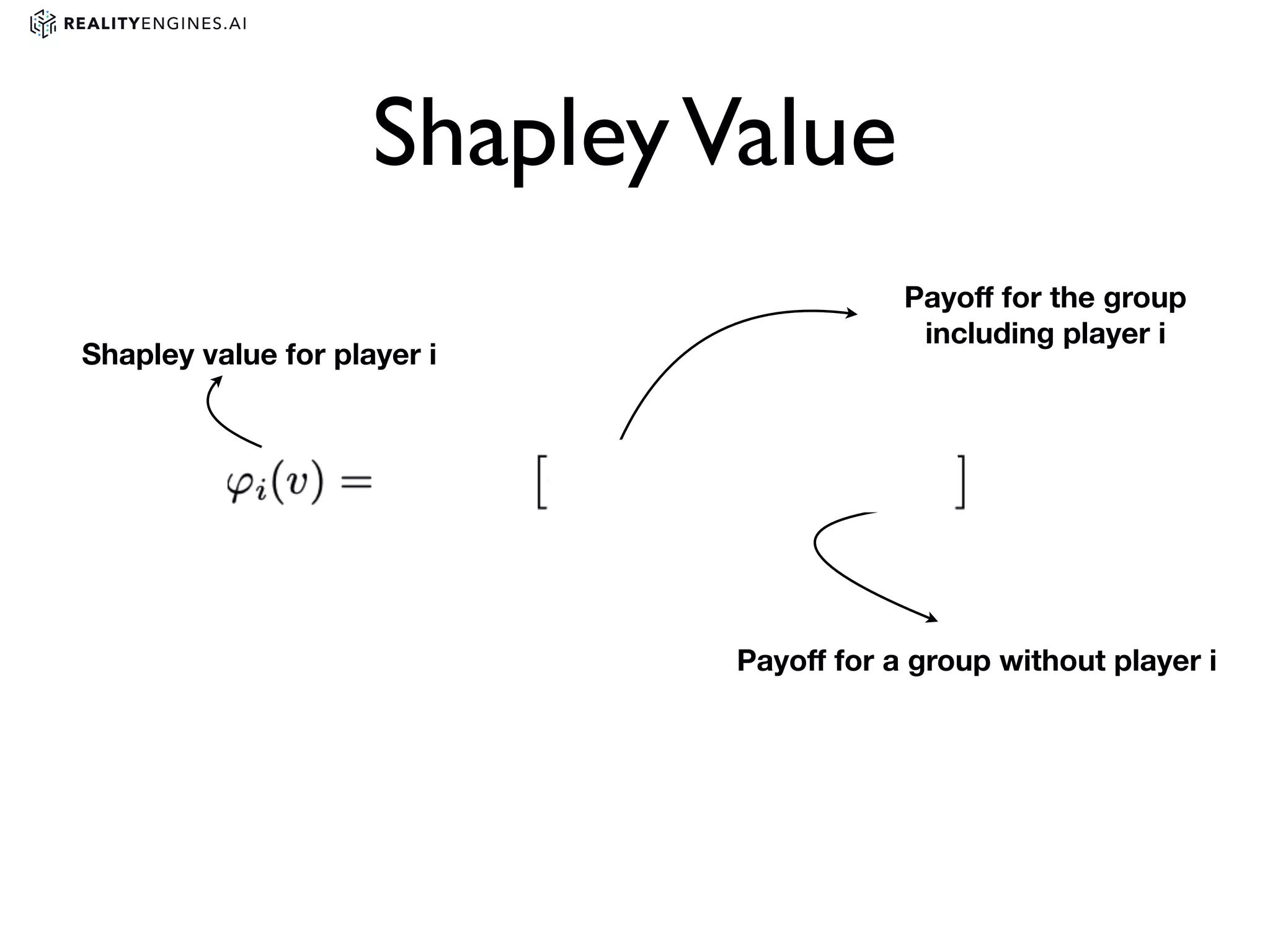 ShapleyValue
Payoﬀ for the group
including player i
Shapley value for player i
Payoﬀ for a group without player i
 