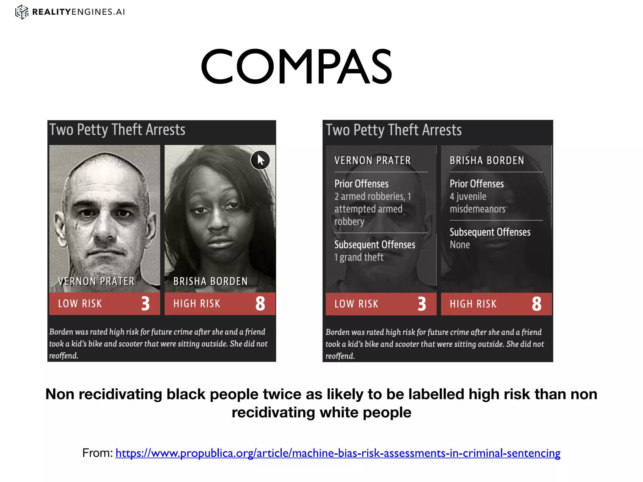 COMPAS
https://www.propublica.org/article/machine-bias-risk-assessments-in-criminal-sentencingFrom:
Non recidivating black people twice as likely to be labelled high risk than non
recidivating white people
 