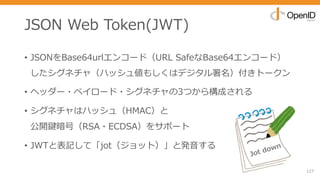 JSON Web Token(JWT)
• JSONをBase64urlエンコード（URL SafeなBase64エンコード）
したシグネチャ（ハッシュ値もしくはデジタル署名）付きトークン
• ヘッダー・ペイロード・シグネチャの3つから構成される
• シグネチャはハッシュ（HMAC）と
公開鍵暗号（RSA・ECDSA）をサポート
• JWTと表記して「jot（ジョット）」と発⾳する
127
Jot down
 