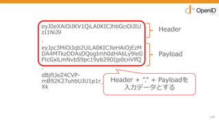 136
eyJ0eXAiOiJKV1QiLA0KICJhbGciOiJIU
zI1NiJ9
.
eyJpc3MiOiJqb2UiLA0KICJleHAiOjEzM
DA4MTkzODAsDQogImh0dHA6Ly9leG
FtcGxlLmNvbS9pc19yb290Ijp0cnVlfQ
.
dBjftJeZ4CVP-
mB92K27uhbUJU1p1r_wW1gFWFOEj
Xk
Header
Payload
SignatureHeader + ”.” + Payloadを
⼊⼒データとする
 