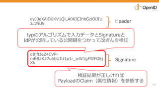 137
eyJ0eXAiOiJKV1QiLA0KICJhbGciOiJIU
zI1NiJ9
.
eyJpc3MiOiJqb2UiLA0KICJleHAiOjEzM
DA4MTkzODAsDQogImh0dHA6Ly9leG
FtcGxlLmNvbS9pc19yb290Ijp0cnVlfQ
.
dBjftJeZ4CVP-
mB92K27uhbUJU1p1r_wW1gFWFOEj
Xk
Header
Payload
Signature
検証結果が正しければ
PayloadのClaim（属性情報）を参照する
typのアルゴリズムで⼊⼒データとSignatureと
IdPが公開している公開鍵をつかって改ざんを検証
 