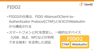 FIDO2
• FIDO2の仕様は、FIDO AllianceのClient-to-
Authenticator Protocol(CTAP)とW3CのWebAuthn
から構成される
• スマートフォンとPCを想定し、⼀般的なデバイス
（USB、BLE、NFCなどが利⽤
できる端末）を活⽤した認証
30
FIDO2
CTAP WebAuthn
 
