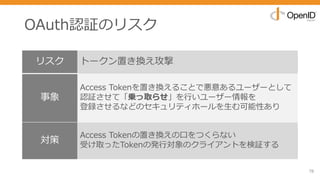 OAuth認証のリスク
78
リスク トークン置き換え攻撃
事象
Access Tokenを置き換えることで悪意あるユーザーとして
認証させて「乗っ取らせ」を⾏いユーザー情報を
登録させるなどのセキュリティホールを⽣む可能性あり
対策
Access Tokenの置き換えの⼝をつくらない
受け取ったTokenの発⾏対象のクライアントを検証する
 