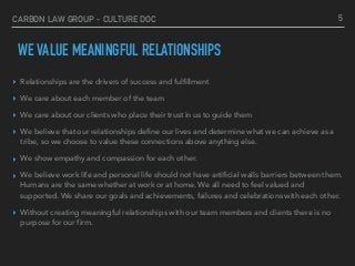 CARBON LAW GROUP - CULTURE DOC
WE VALUE MEANINGFUL RELATIONSHIPS
▸ Relationships are the drivers of success and fulfillmen...