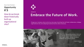 10
IMPERATIVE
Embrace the Future of Work.
Change your company culture and set up new ways of working that will foster collaboration, bridging
organizational silos and collapsing functional barriers where necessary.
Opportunity
# 5
Stay on Top of the Game -
How do we break
down historically
built-up
organizational
silos?
“
The primary task and key success criteria of
any manager are to foster an environment
that is agile, mobile, flexible and where
employees are united by values.
– Alejandro Melamed
Futurist
 