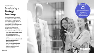 21
Envisioning a
Strategic
Roadmap
MIGROS was looking for ways to
secure the success of its shopping
mall portfolio, a key pillar of the
group that is currently affected by
the retail market disruption.
Together with the project team, we
helped to reshape the mall
portfolio, from opportunity
identification to business value
exploitation. We helped MIGROS to
• craft a long-term strategic vision
• define customer-centric
positionings for 30 shopping
malls
• derive innovative qualitative and
quantitative measures for
financial impact
• draft the new organizational
structure with the outlined
required capabilities, tasks,
processes and tools
30 repositioned
Malls &
optimized
Organization
RESULT:Project Examples —
 